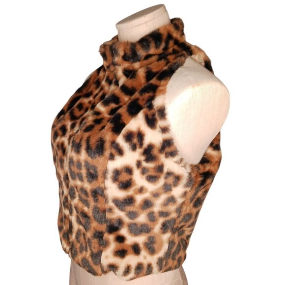 SHEIN Brown Tan Leopard Print Faux Fur Full Zip Cropped Halter Vest Womans S - Picture 2 of 12
